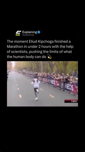 Explaining on Instagram: "In 2019, Eliud Kipchoge stunned the world by becoming the first human to run a marathon in under two hours, finishing in 1:59:40 during the INEOS 1:59 Challenge in Vienna. 🏃🏾‍♂️⏱️ The attempt was the result of years of scientific planning. Kipchoge ran behind rotating pacer formations to reduce wind resistance, followed a laser-guided pace car, used optimized hydration delivery, and wore specially engineered shoes designed to improve running efficiency. 🧪👟 Although