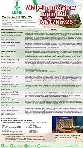 Walk-in Interview I Lupin Pharma | 16&171125 #job #pharma
