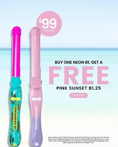 Beachwaver Co. on Instagram: " BOGO $99!  Buy any Neon B1 and get a Pink Sunset B1.25 FREE (reg. $218)! ✨ Enjoy salon-quality curls with our easy-to-use rotating barrels and adjustable heat settings.  Don't miss out on this colorful deal—try two Beachwaver sizes and make those summer waves effortlessly stunning! "