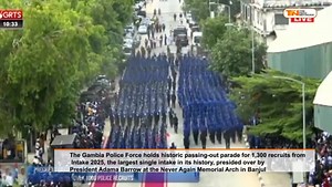The Gambia Police Force holds historic passing-out parade for 1,300 recruits from Intake 2025, the largest single intake in its history, presided over by President Adama Barrow at the Never Again Memorial Arch in Banjul Video Credit: GRTS | The Fatu Network