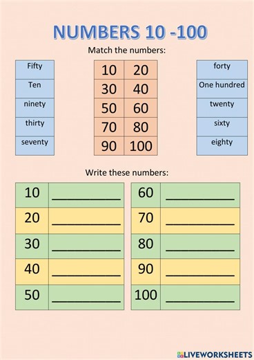 Numbers 10 to one hundred worksheet
