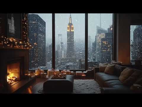 A Relaxing Snow Night from a Cozy Loft in New York City Rain Sound Ambience & Crackling Fireplace
