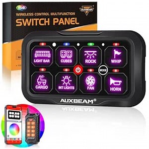Auxbeam 8 Gang Switch Panel Bluetooth RGB AC-800 with APP&Remote Control Toggle Momentary Pulsed Switch Pod Off Backlight for Truck Offroad UTV ATV Car Marine 12-24V Waterproof 2 Years Warranty