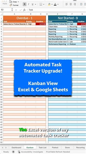 Kanban View upgrade for your Automated Task Tracker in Excel or Google Sheets!