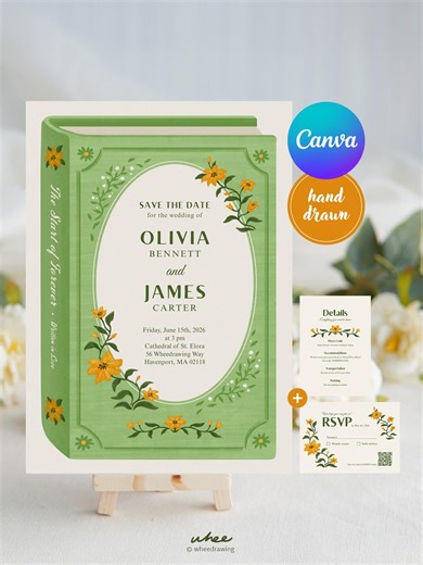 Hand-drawn Book Cover Wedding Invitation Suite - Editable Canva Template - Etsy