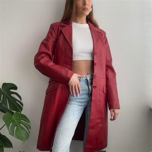 70s Vintage Red Leather Coat Women | Long Sheepskin Leather Trench Coat | Y2K Boho Duster Long Coat | Handmade Western Style Jacket - Etsy