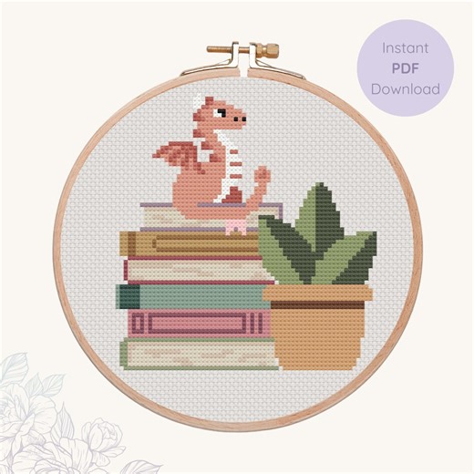 Dragon Cross Stitch Pattern, Cute Dragon on Books, Fantasy Bookish Cross Stitch PDF, Book Lover Needlepoint - Etsy