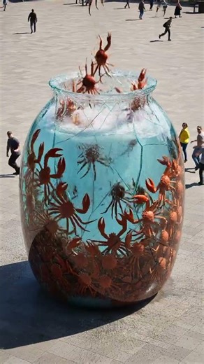 Hundreds of king crabs in a fish tank