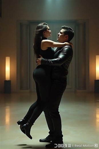 A couple is elegantly dancing together in a dimly lit ballroom.