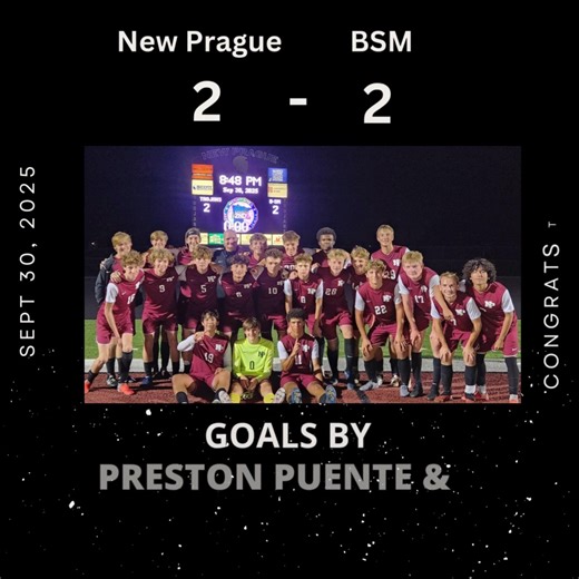 20 reactions | New Prague battled back from being down 0-2 to BSM, a top ranked team in the state, to tie up the game on a free kick with only a few minutes left in the game. Congratulations to Preston Puente and Emmanuel Osiowhemu on their first varsity goals!  Great teamwork and effort by all! Way to go, Trojans! | New Prague Boys Soccer | Facebook