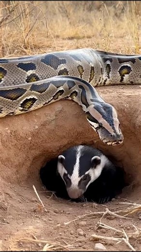 Python Waiting Above a Burrow as a Badger Peeks Out!