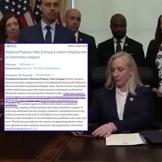 JUST IN: Governor Abigail Spanberger officially signs a bill handing over Virginia’s 13 electoral votes to whoever wins the most votes across the whole country… even if Virginians vote the other way. Insane.They rushed it through with mostly Democrat votes. The plan has 222 votes. It needs 270 to actually start working. Once it does, your vote in Virginia doesn’t matter anymore.The Founders made the Electoral College so a few big cities don’t boss the whole country. This is a sneaky Democrat pow