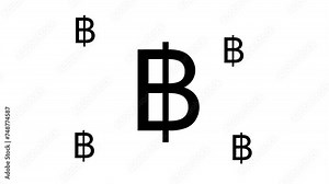 Zoom in and out animation the thai baht symbol. Large black symbol in the center and four small symbols around. Seamless looped 4k animation on white background