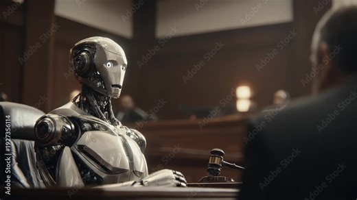 Robot gives testimony in court during a legal trial in a large courtroom filled with people