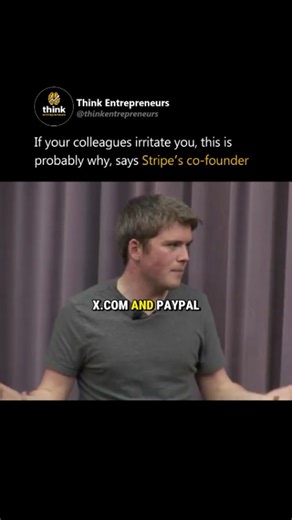 Business | Entrepreneurship | Success on Instagram: "Follow @thinkentrepreneurs for contrarian minds reshaping business. Most people think “team chemistry” means getting along. Stripe’s co-founder John Collison says that’s wrong. The best teams argue productively. They challenge ideas, not egos. When two founders think exactly alike, one of them is useless. But when they fight over how to build, and still respect each other enough to find truth in the tension: that’s where billion-dollar chemist