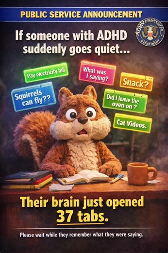 I'm diagnosed ADHD (combined type). I know it has heavy sides - anxiety, unjustified guilt & more. This page focuses on the lighter, relatable moments & some music. Share this with someone who gets it. Just a reminder: you're not the only one. - Kyle #ADHD #ADHDAwareness #ADHDLife #Neurodivergent #ADHDHumor