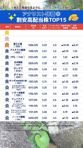 【アナリスト評価◎ 割安高配当株TOP15】 アナリストが厳選した配当利回り5％以上の割安高配当株TOP15をご紹介します！ ※コンセンサスレーティング…アナリストによる5段階投資判断（5：強気、4：やや強気、3：中立、2：やや弱気、1：弱気）の平均スコア。数字が大きいほどアナリストの評価が高い。 ※移動平均線乖離（かいり）率…株価が移動平均線（一定期間の終値の平均値を結んだグラフ）からどれだけ離れているかを表した指標。この数値がマイナスならば、移動平均線よりも現在の株価が安いということになる。 #銘柄 #高配当 #投資 #利回り