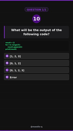 Python | Learning | Quiz | Maedix Q on Instagram: "Python Quiz: What Does This Loop Print? This Python output feels obvious. A quick check on how range() really works. Comment your answer before the reveal 👇 #pythonquiz #learnpython #pythonbasics #programmingquiz"