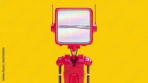 Cartoon robot with head shaped like monitor and digital noise on screen. Funny technology character design. Concept art online assistant, bot or helper. Render 3d art animation. Stock Video