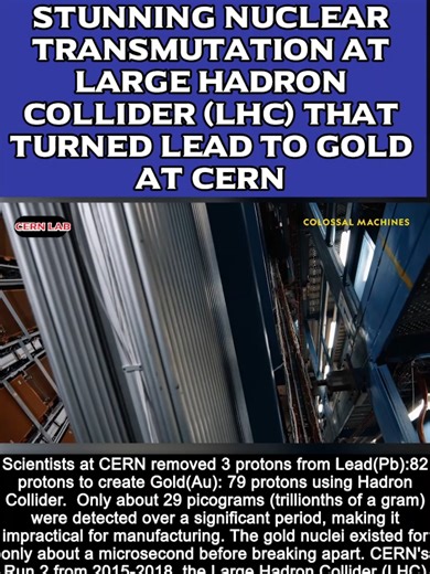 Stunning Nuclear Transmutation At Large Hadron Collider (LHC) That Turned Lead to Gold At CERN ! #fyp #foryou #tiktok #trending #viral #tiktoktrend #CERN #hadron #collider #hadroncollider #transmutation #lead #to #gold #science Scientists at CERN removed 3 protons from Lead(Pb):82 protons to create Gold(Au): 79 protons using Hadron Collider. Only about 29 picograms (trillionths of a gram) were detected over a significant period, making it impractical for manufacturing. The gold nuclei existed fo