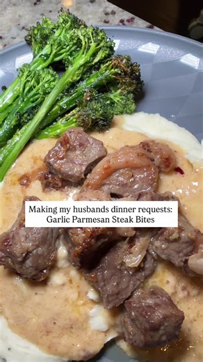 Making my husband's dinner request: garlic parmesan butter steak bites with creamy mashed potatoes and broccolini. Sooooo addictive! Ingredients: Steak: 2lbs ribeye or New York strip steak 5 tablespoons of butter 6 cloves of garlic Olive oil Salt and pepper Parmesan cream sauce: 2 tbsp butter 2 cloves garlic 1.5 cups of heavy cream 1 tsp red pepper flakes 1 cup Parmesan cheese Olive oil Tony C's Cajun seasoning Mashed potatoes: 5 russet potatoes 1 cup heavy cream 4 tbsp butter Salt and pepper Br