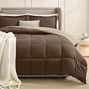 Homelike Moment Queen Comforter Set Brown, Comforters Queen Size Set Lightweight Reversible Down Alternative Bed Comforter Full Size Soft, All Season 3 Pieces Sets Brown/Beige