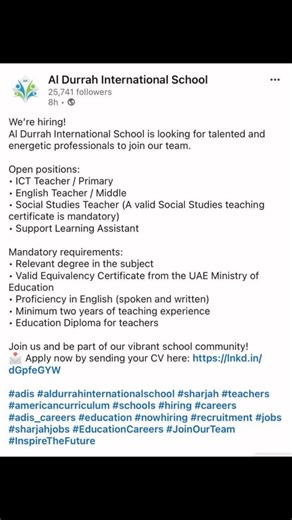 73K views · 170 reactions | #UAEschools@Teachers#Dubaiteachers#AbudhabiTeachers#SharjahTeachers#schooljobs | Teaching jobs -UAE | Facebook