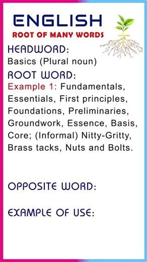 basics root words of fundamental, essentials, essence, basis, core, preliminaries, groundwork
