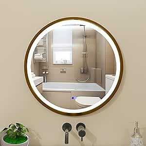 28 Inch Round LED Mirror for Bathroom, Gold Metal Frame Lighted Vanity Mirror with 3 Color Modes, Touch Dimmer - Anti-Fog Wall Mounted Circle Mirror with Lights - Fab Glass and Mirror