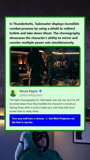 In Thunderbolts Taskmaster displays incredible combat prowess by using a shield to redirect bullets