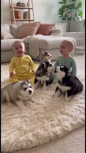 Twin Babies Howling with Husky Puppies – Cutest Sound Party Ever! 🐶👶😂