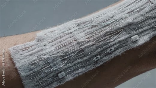 Close medium shot highlighting temperaturesensing narrow fabric integrated with fine conductive threads capturing body heat fluctuations for innovative health monitoring