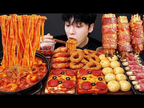 ASMR MUKBANG Shrimp Tomato Pasta Bacon Wrapped Mukbang! Pizza, Chicken, Cheese Balls EATING SOUND!!
