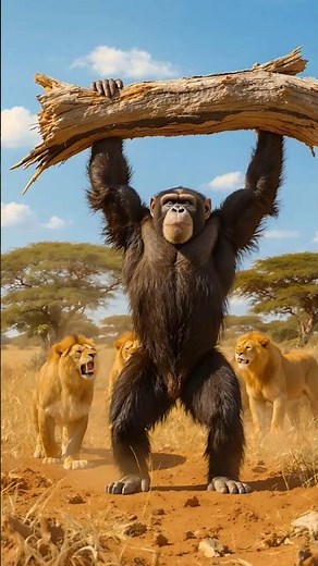 “Battle for the Savannah: Giant Chimpanzee vs Five Lions | 8K Ultra Realistic Wildlife Scene”