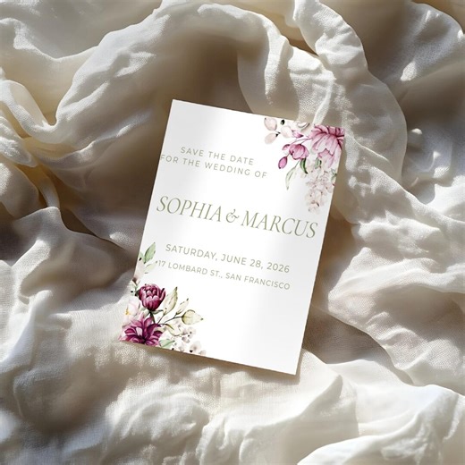 Plum Blush Peony Wedding Invitation, Romantic Garden Floral (5x7 Canva Instant Download) - Etsy