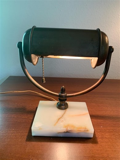 Vintage Art Deco Desk Lamp: Brass Barrel Shade, Green Onyx Base - Etsy