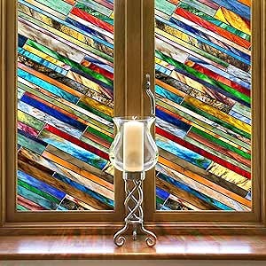 SUNBABY Stained Glass Window Film:3D Decorative Window Privacy Film, Two Way Day and Night Vintage Window Decals,Non-Adhesive Heat Control Anti UV Vinyl Static Clings,23.6 x 78.7 Inches
