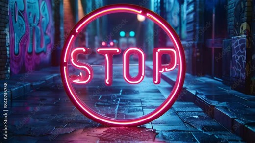 neon stop sign in bright pink light against a dark brick wall background, glowing text creating clear and bold warning, urban environments, nightclubs, and street safety advertisements, video banners.