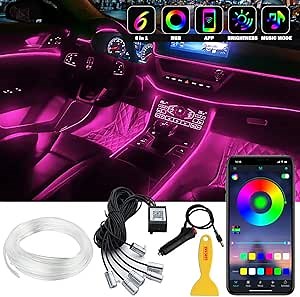 Interior Car LED Strip Lights, 6 in 1 Multicolor RGB Car Neon Ambient Lighting Kits Fiber Optic for Truck SUV, 16 Million Colors Sound Active Function and Wireless Bluetooth APP Control