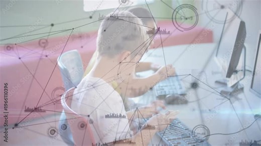Girl typing and boy using mouse in classroom, keyboard input activating overlay for education