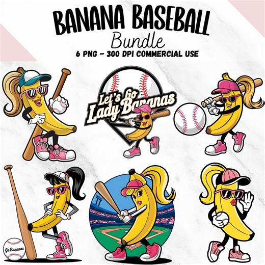 Let's Go Lady Bananas Baseball PNG Bundle, Funny Banana Playing Baseball Clipart, Sports Team Mascot Sublimation Design, Digital Download - Etsy