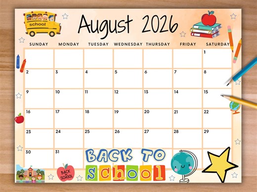 EDITABLE August 2026 Calendar, Printable Calendar, Back to School Calendar, Kids Classroom Calendar, School Calendar Home Work Office Kids - Etsy