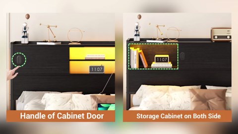 Homieasy Queen Storage Headboard with Sliding Doors, Bookcase Head Board with Charging Station & LED Lights, Headboard Only for Queen Bed, Wood Headboards with Bookshelf