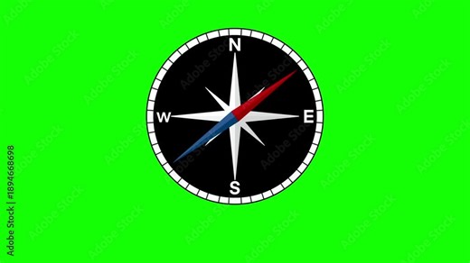 Compass directions illustration showing north, south, east, west and intermediate directions, featuring navigation symbols and compass roses for geography education, map reading, green screen