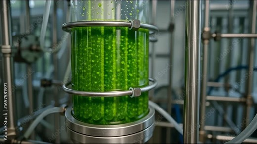 A bioreactor containing green algae submerged in a liquid, likely used for biofuel or research purposes.