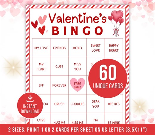 Valentine's Day Bingo Cards, Valentines Party Games for Kids Adults, Love Bingo Games, Fun Valentines Printable Games Valentines Activities - Etsy