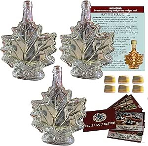 Maple Tapper Glass Maple Syrup Bottles Jars (Set of 3) with (6) Self-Sealing Caps – Reusable Leaf Shaped, Food Grade Canning Bottles 250 ml, 8.4 oz for Sugarmaking & 5 Recipe Cards, Instructions