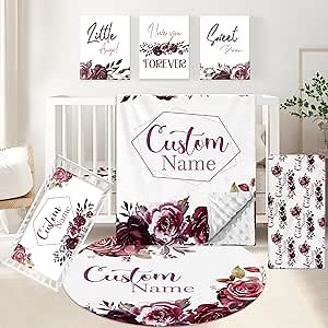 KAINSY Personalized Crib Bedding Set for Girls, 5 Pcs Nursery Bedding Crib Sets, Soft Custom Flowers Baby Crib Set with Name, Double Layer Baby Bedding Set Customized Gifts for Infants Toddlers Kids
