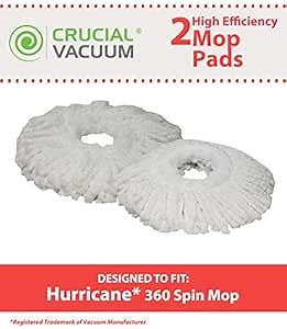 2 Mop Pads Fit Hurricane PRO 360 Rotating Spin Magic Mops; Designed & Engineered by Crucial Vacuum