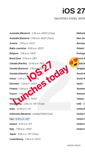 IOS 27 lunches today at these times #ios27 #ios27beta #releasedate